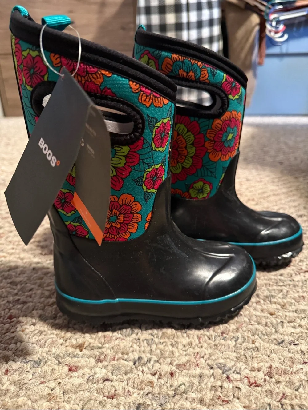 Bogs Kids Teal Floral Pansies Rain Boots with Black Foot